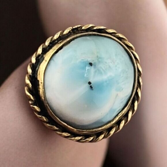 Larimar Size 6 Ring Ocean Sky Blue Cabochon Vintage Sterling Silver Rope Edging - Picture 1 of 12